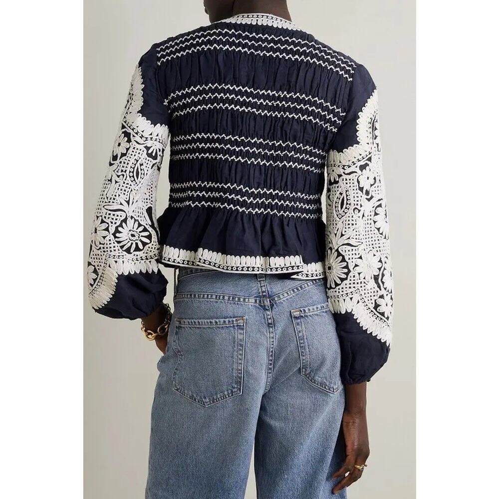 Veronica Beard womens navy/off white Dorian embroidered linen blend jacket NWT S - Picture 6 of 13